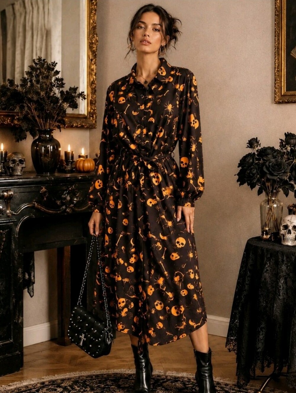 Black Orange Halloween Shirt Dress Midi Skull Bone Stretch Plus Corpcore Size 18